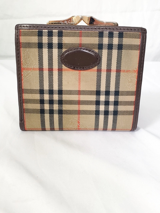 Burberry Beige Black Plaid Wallet with Brown Trim